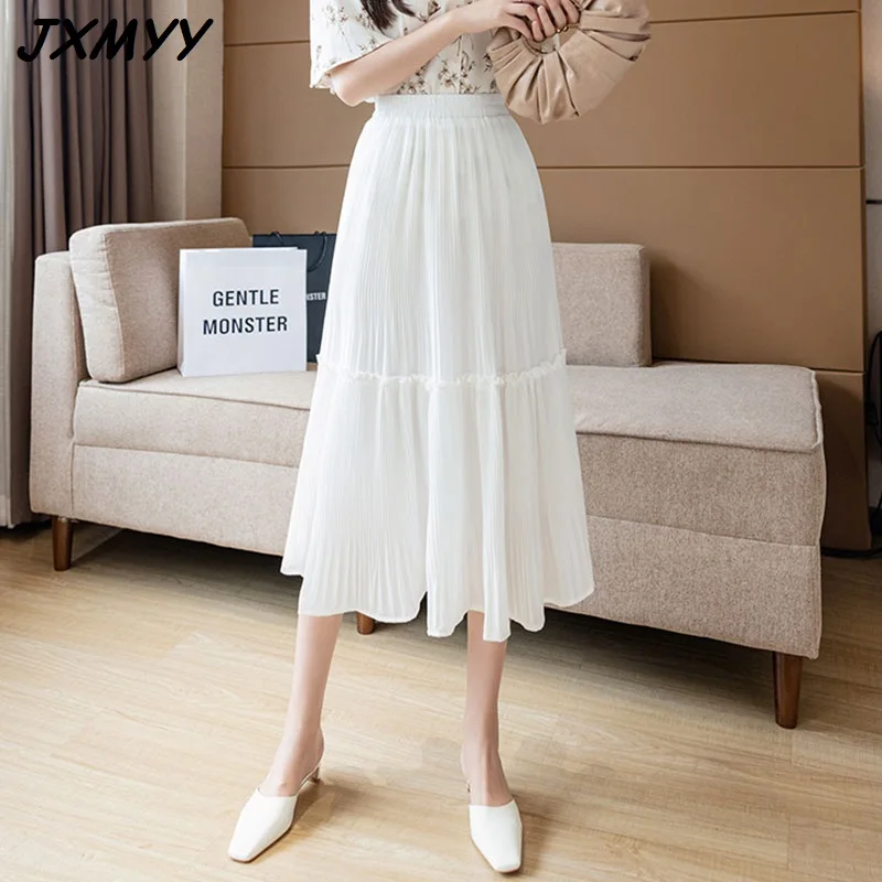 

2021 summer fashion new chiffon pleated mid-length skirt holiday leisure stitching solid color skirt cake skirt JXMYY