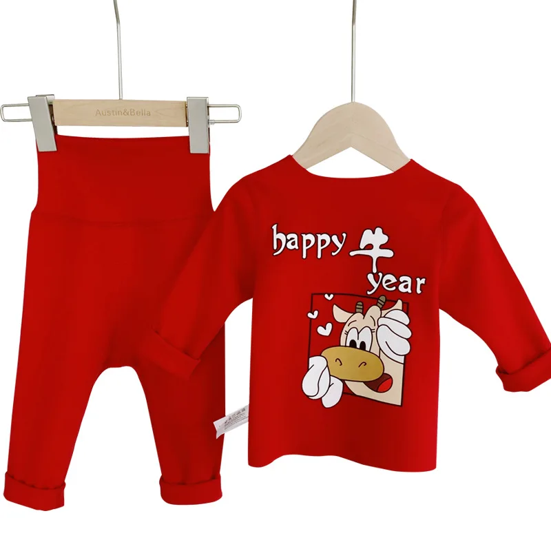 

3-36M Infant New Year's Red Clothing Autumn and Winter Baby Jumpsuits Base Top Clothes Trousers Suits Child Cartoons Warm Romper