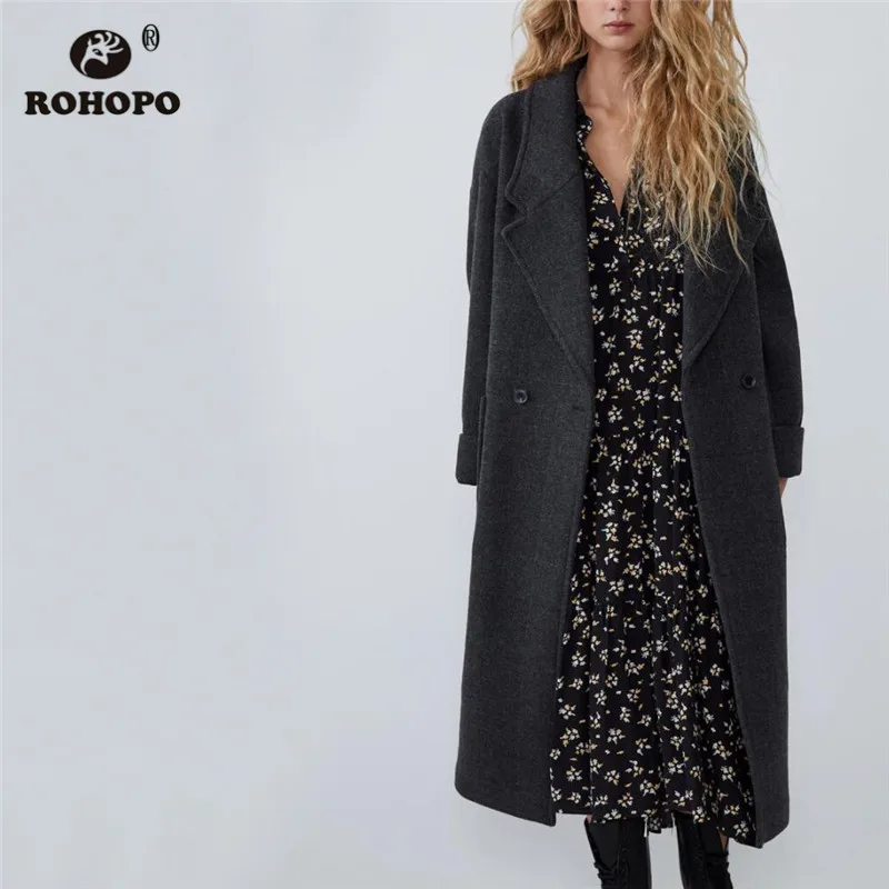 ROHOPO зимнее темно серое твидовое пальто воротник с лацканами двойная грудь