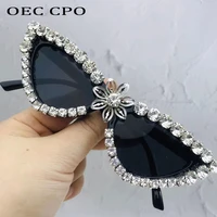 oec cpo diamond cat eye sunglasses women brand sexy rhinestone flower sun glasses female crystal shades uv400 ladies eyewear