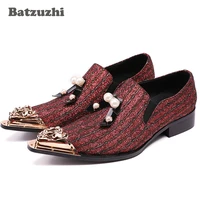 batzuzhi designers shoes man pointed golden iron toe leather shoes man with tassel wine red rhinstones partywedding shoes