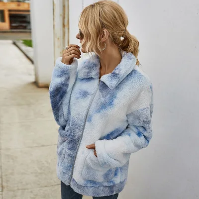 

Ladies Autumn And Winter Thick Coat Lapel Stand-up Collar Long-sleeved Zipper Pocket Jacket Coat Tie-dye Warmth Woman Jacket