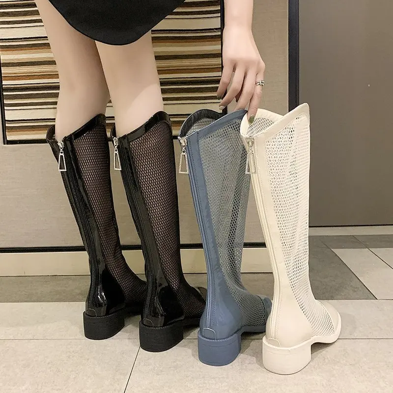 

Women's Hollow Out Mesh Summer Knee High Boots 2021 Patchwork Pu Leather Square Heel Long Boots Woman Back Zipper Booties