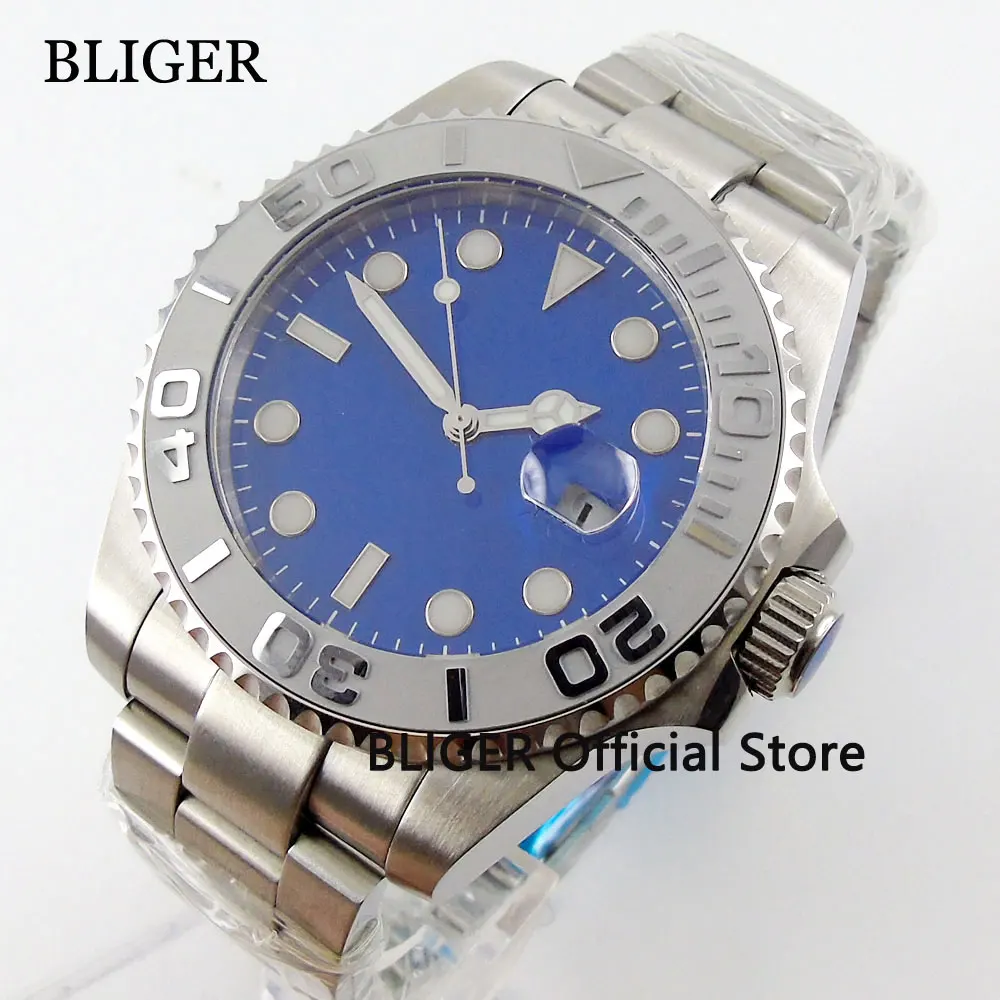 

Новые простые автоматические мужские часы BLIGER 40 мм стерильный синий циферблат Авто Дата керамический ободок Miyota Move Мужские t Time Часы