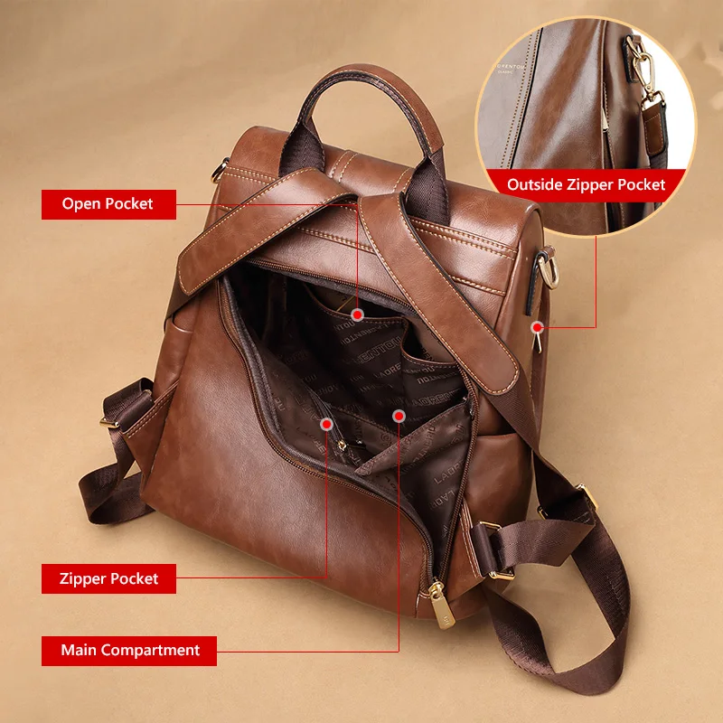 Женский винтажный рюкзак LAORENTOU мягкий школьный из натуральной кожи в стиле ретро