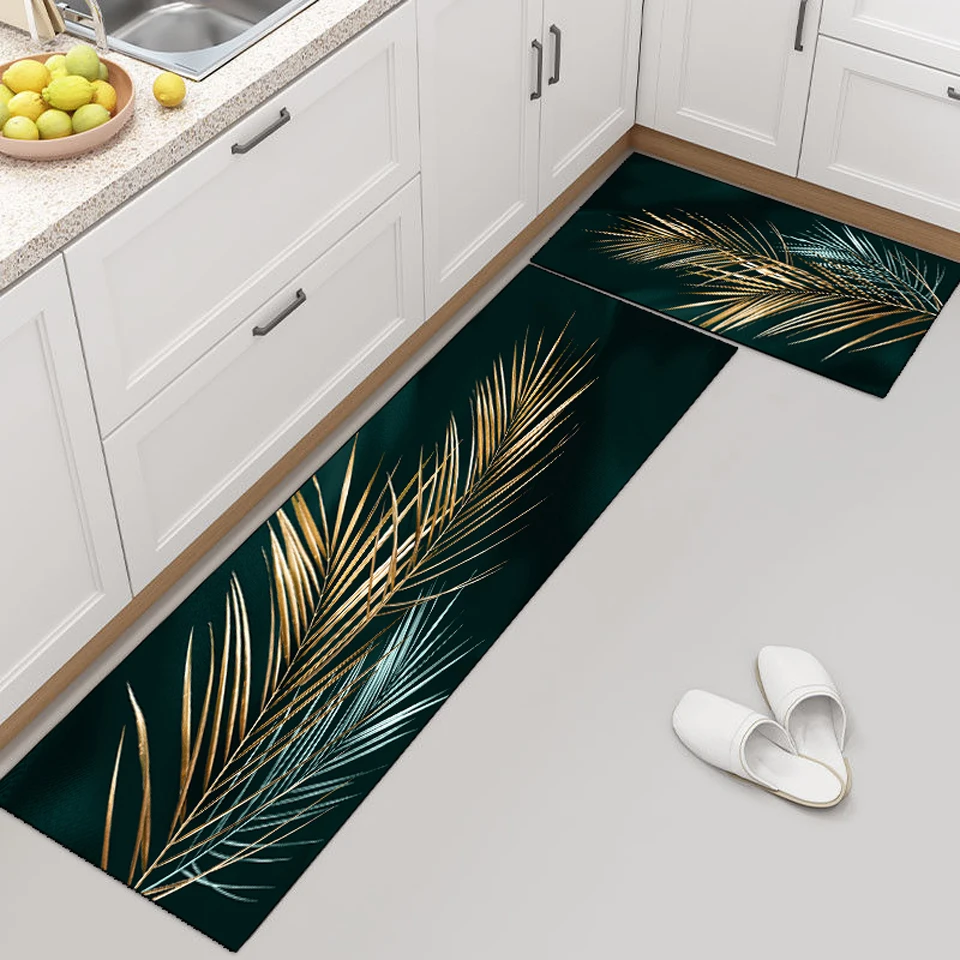 

Long Kitchen Mat Gold Leaf Black Floor Mat Home Doormat Modern Rug Bedroom Bedside Living Room Hallway Non-Slip Carpet Washable