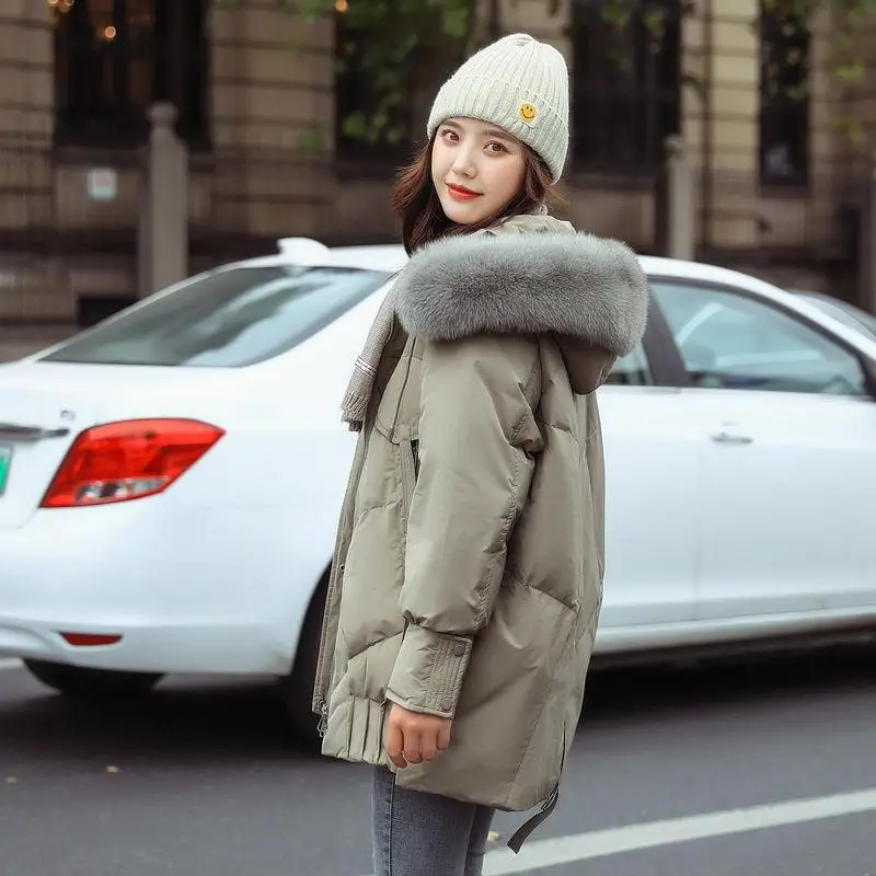 

FNOCE 2020 winter new women's down jackets fashion solid long sleeve hooded Natural FOX FUR collar thickened warm parka coats