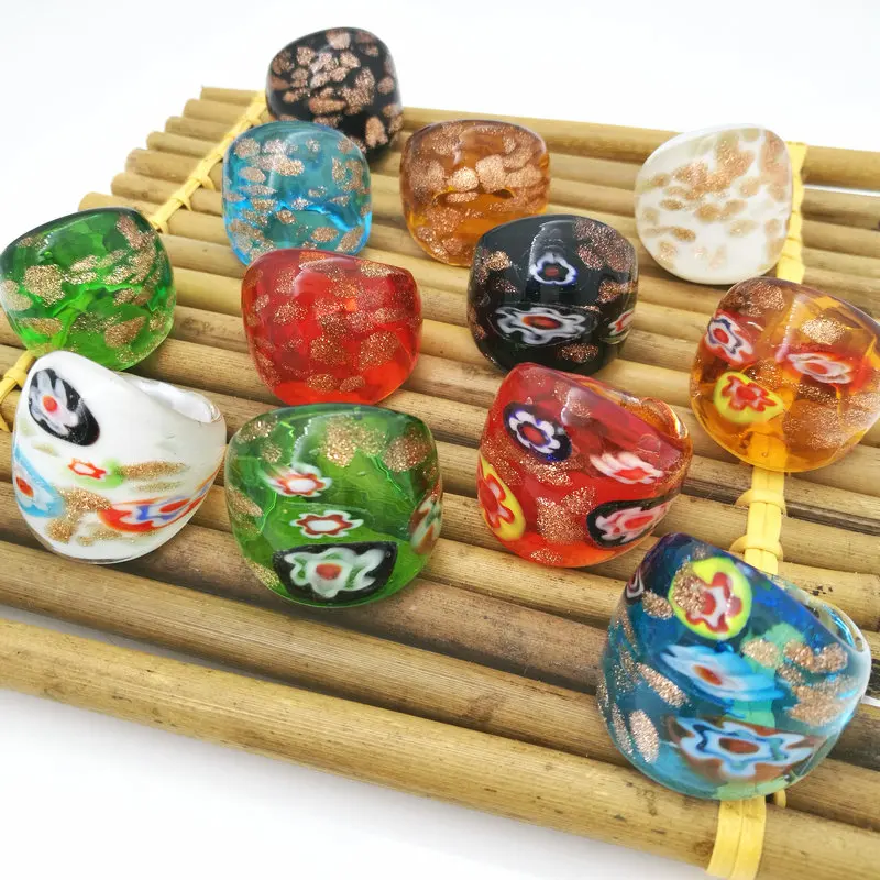 

12PCS Wholesale Mix Color Lampwork Glass Murano Rings 17-19mm Band Ring Random Mixed model Chinese Style For Women