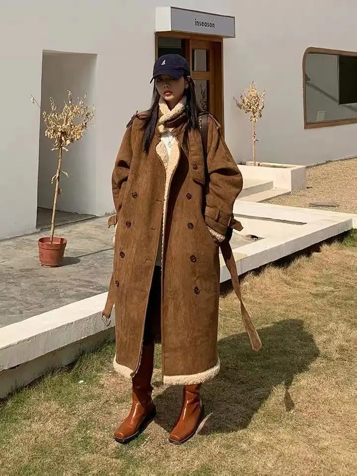 Female New Mid-length Loose Jacket Casual Double-breasted Belt Lapel Women Coat 2022 Winter Women Cashmere Lamb Wool Coat