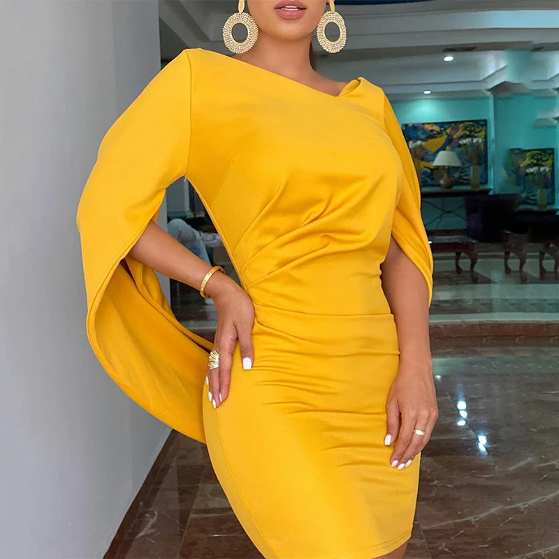 

New Women's Elegant and Fashionable Cape Dress Banquet Dress Pleated Long-sleeved Temperament Slim Version Bodycon Mini Dress