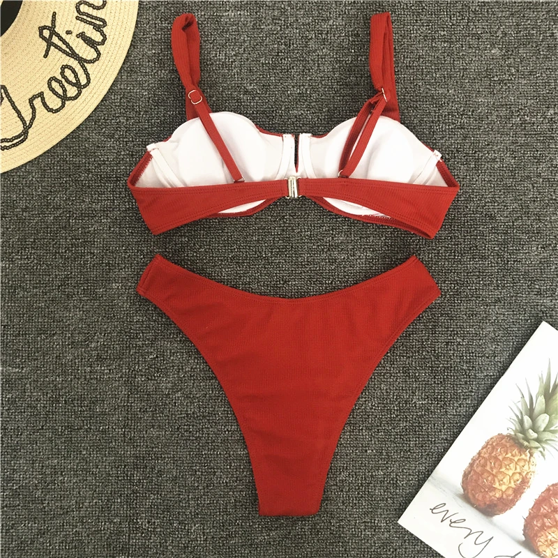 Сексуальное женское бикини однотонное красное с v-образным вырезом комплект из