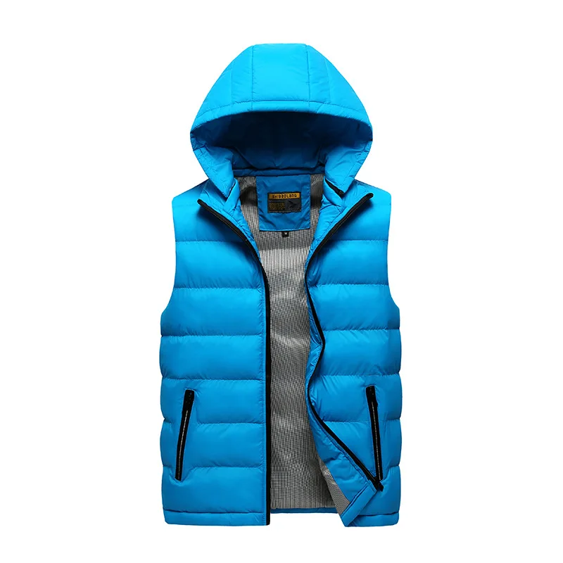 Sky Blue Зимние мужские жилеты с капюшоном без рукавов куртки теплые 20D ватные Дутые жилеты жилет пальто Плюс Размер M-5XL - Цвет: Sky Blue