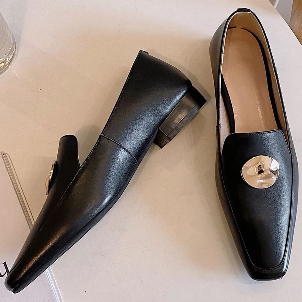 

Women's genuine leather slip-on flats loafers leisure soft comfortable female footwear square toe metal decoration casual shoes