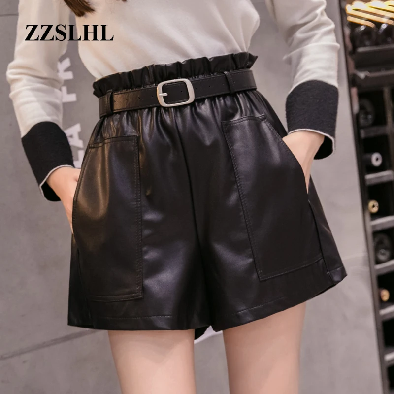 

PU Leather Wide-legged Shorts Autumn Winter Women Fashion High Waist PU Ruffled Shorts Girls A-line Faux Leather Shorts Bottoms
