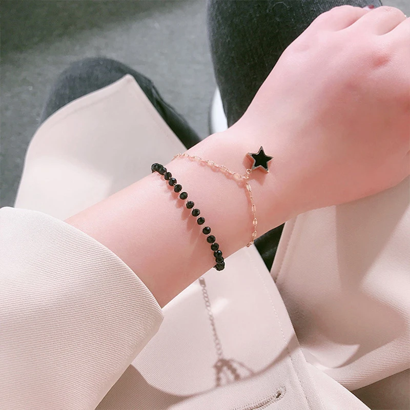 

Double Layer Stainless Steel Shell Star Charm Bracelets For Women Bohemia Black Crystal Chain Link Jewelry Drop Shipping