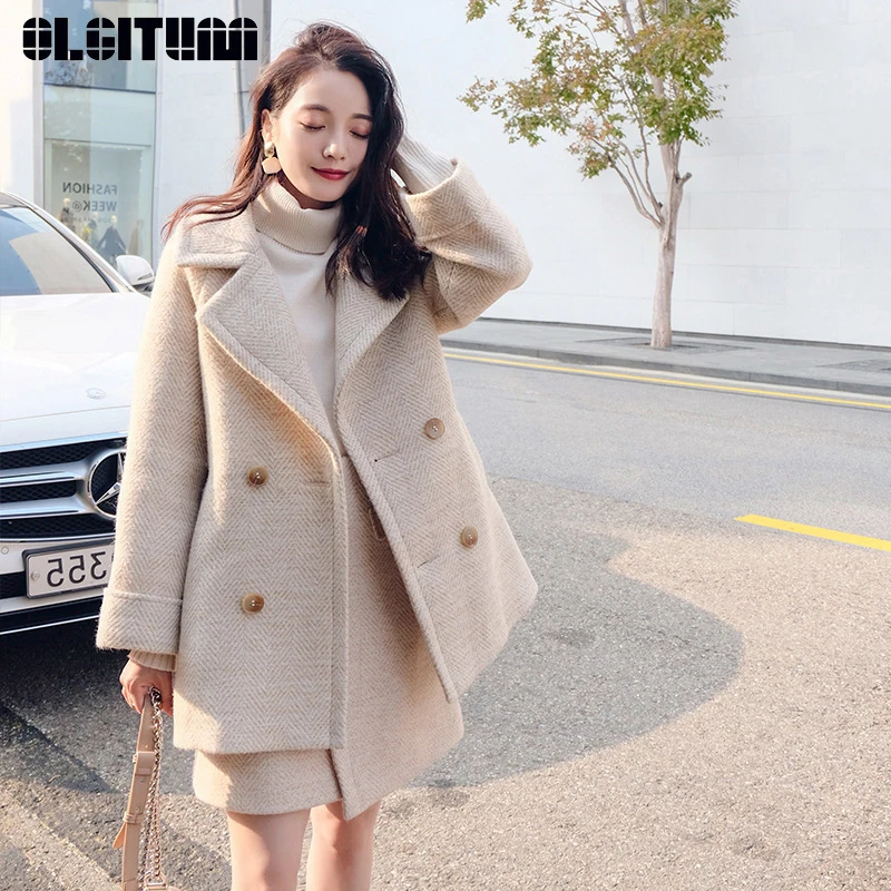 

Women 2020 Fashion Two-Piece Autumn and Winter Woolen Coat Cashmere Long Herringbone Woolen Skirt Warm Outwear for Female