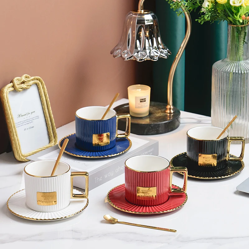 Ceramics Golden Handle Stripe Coffee Cup And Saucer Set With Spoon Breakfast Milk Juice Drink Mug Afternoon Tea Water Ware Gift | Дом и сад