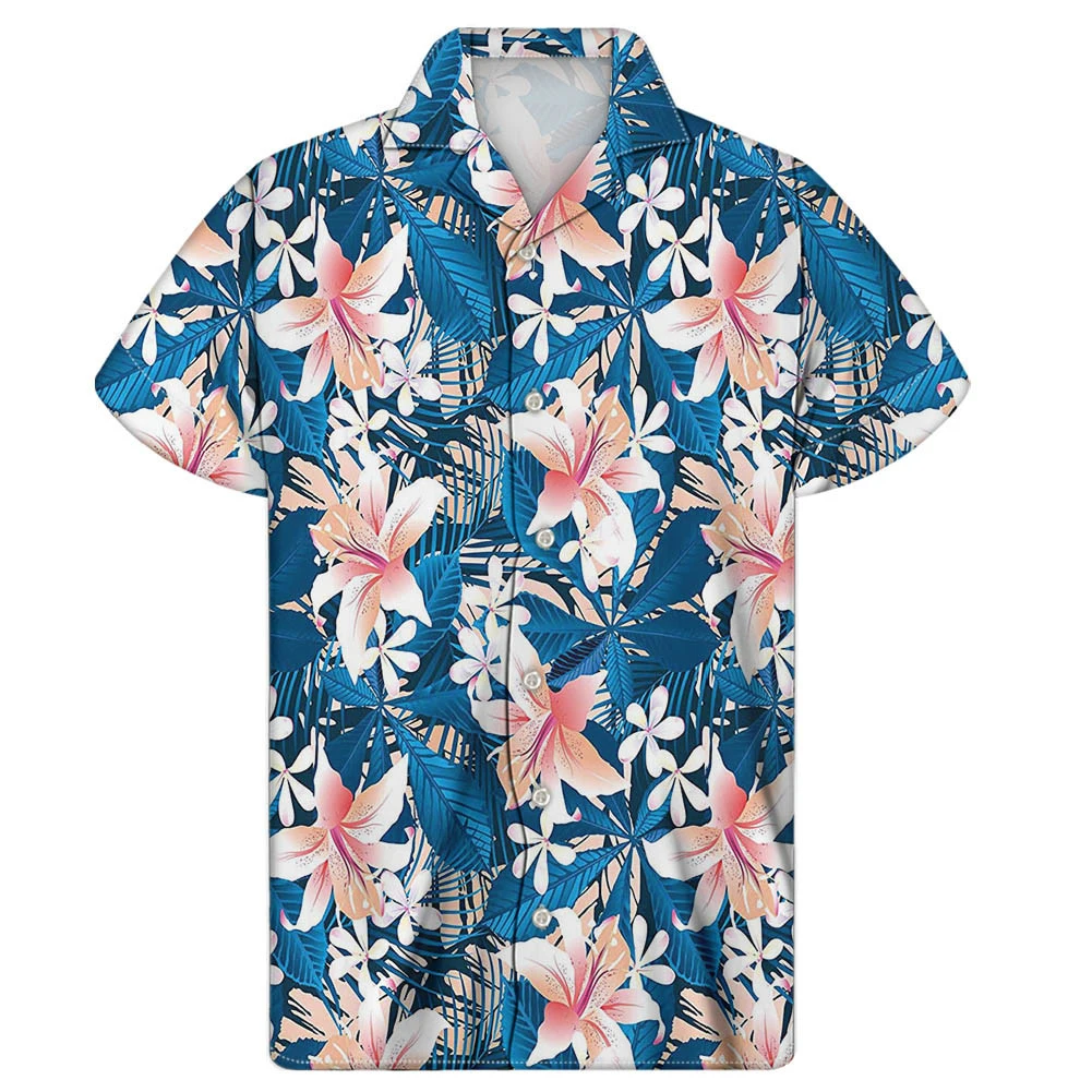 

WHEREISART Men's Blue Hibiscus Flowers Printed Button Down Tees Summer Hawaiian Style Loose Cuban Guayabera Streetwear Camisas