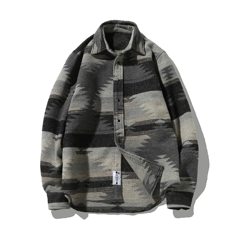 

2021 Folk-custom Shirts for Men Vintage Woolen Leisure Pattern dress casual Shirt Men Plus Size Streetwear Chemise Homme flannel