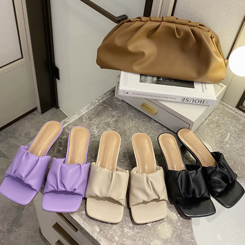 Женские кожаные сандалии MANLEGU черные шлепанцы с квадратным носком на высоком