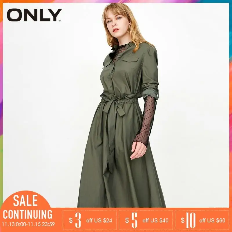 Только 2019 Весна и лето однобортное платье рубашка со шнуровкой завышенной талией