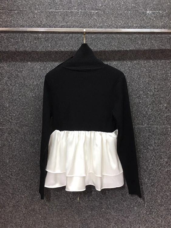 

2020 autumn and winter new women's high neck shoulder buckle stitching hem ruffle stitching long-sleeved sweater 1120