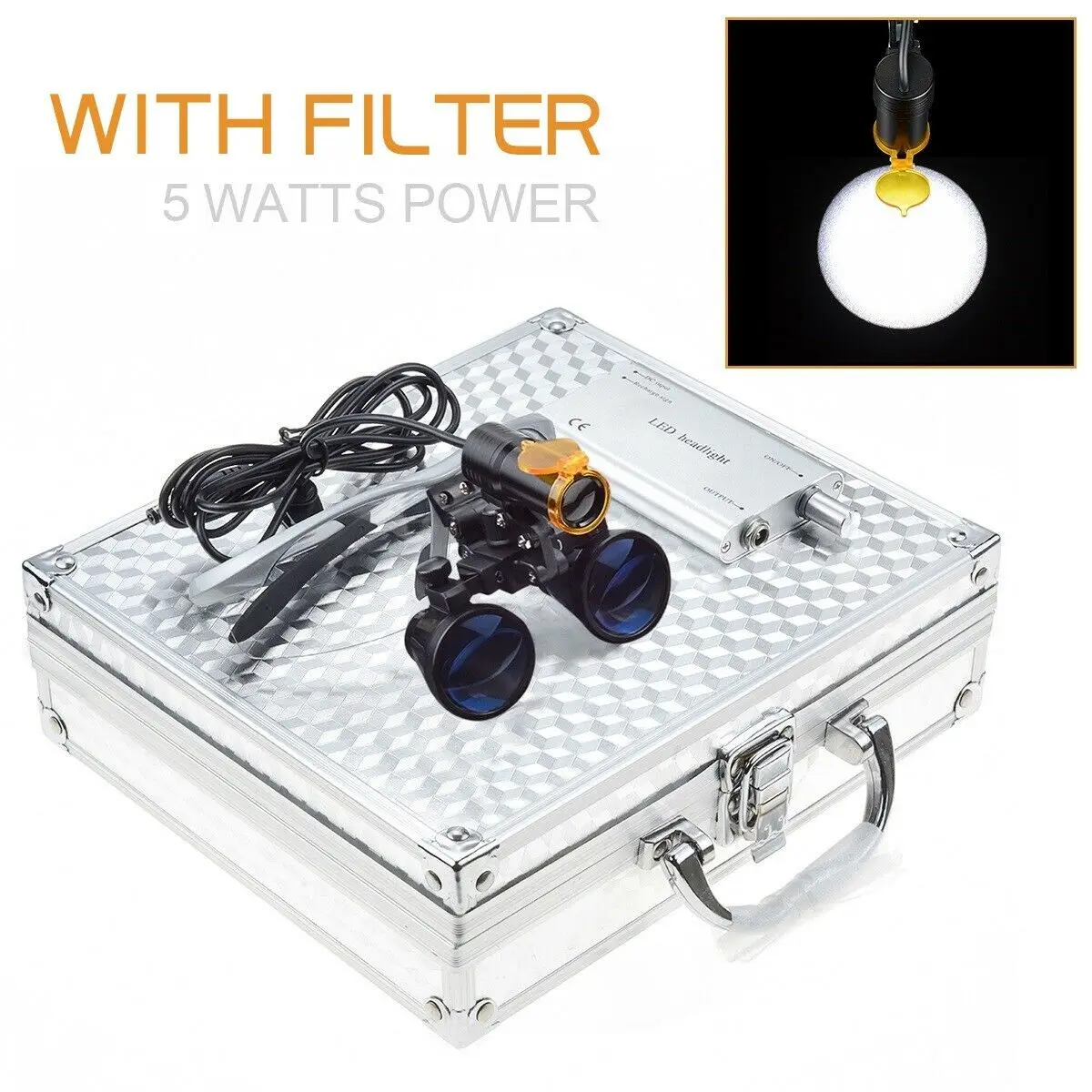 Бинокулярный стоматолог лупы + 5 Вт Светодиодный фар с фильтром Алюминий коробка