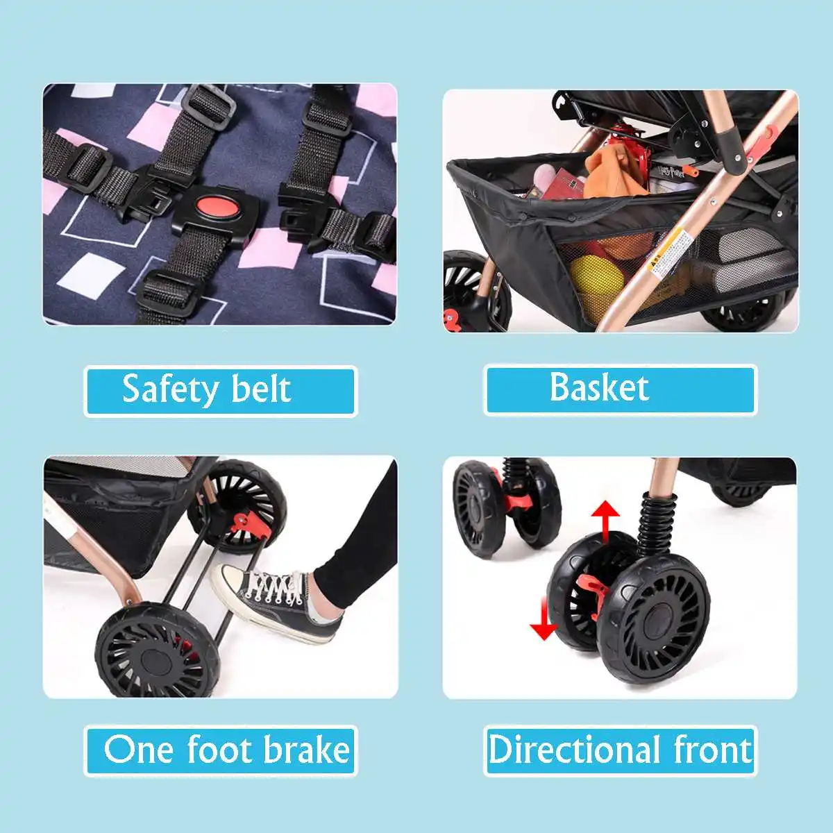 

3-Level Adjustable Baby Travel Stroller Four Wheels Foldable Awning Toddler Pram Large Storage Infant Super Light Pushchair