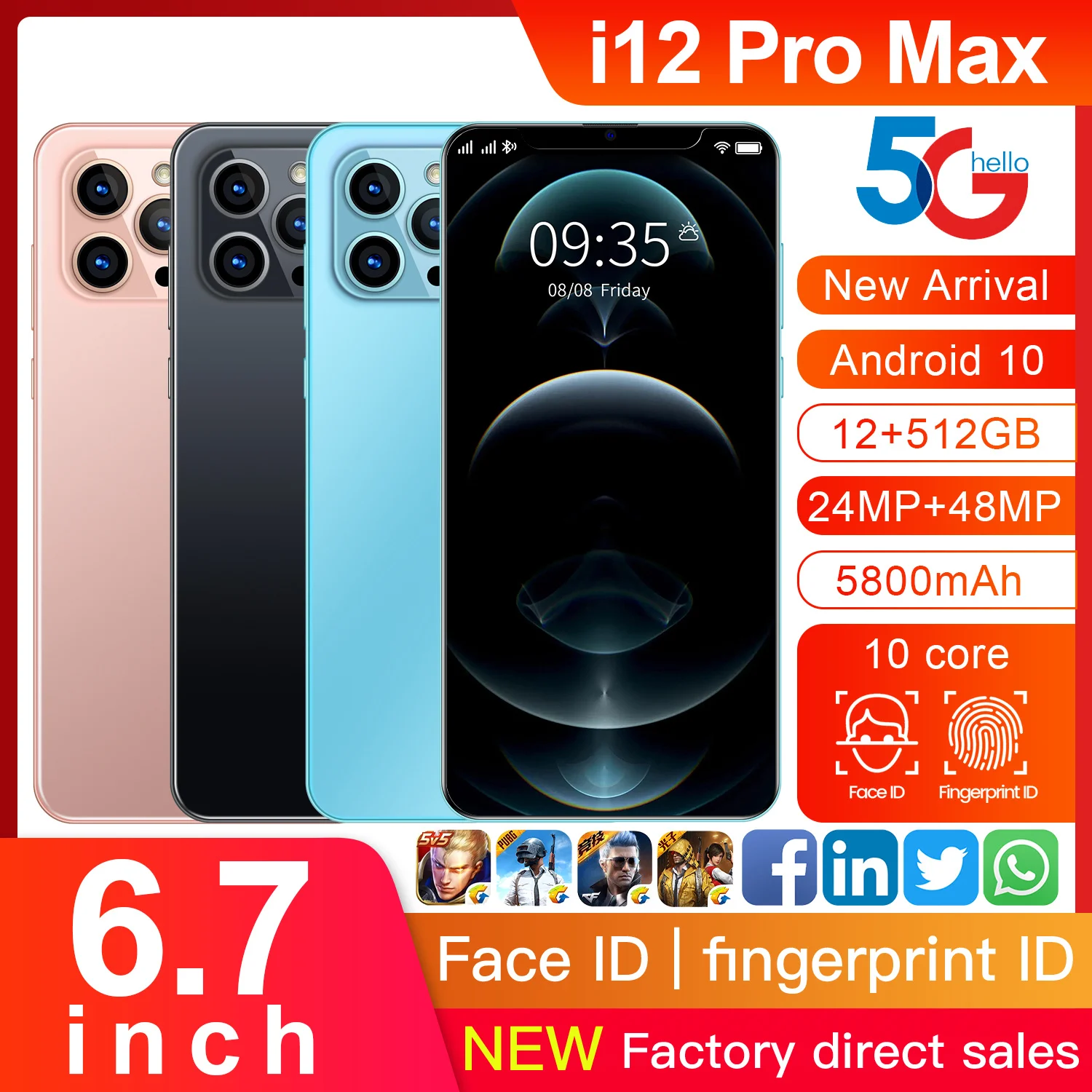 Tel&eacute;fono Inteligente I12 Pro Max, versi&oacute;n Global, 6,7 pulgadas, doble SIM, 512GB de ROM, Android 10, Deca Core, 5800mAh-0