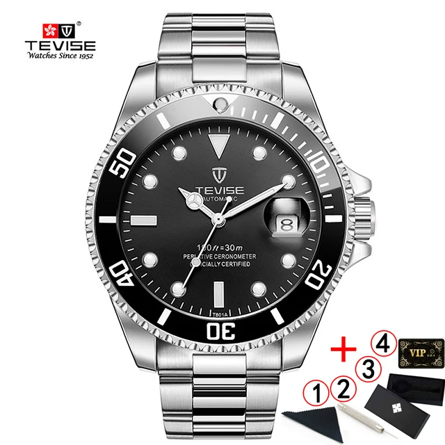 1-black-silver-box TEVISE T801 автоматические механические часы для мужчин водонепроницаемые мужские часы Топ бренд класса люкс синие наручные часы Relogio Masculino - Цвет: 1-black-silver-box