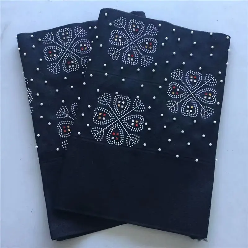 Черный Африканская белая кружевная ткань ASO OKE головной убор с камнями нигерийский головной галстук tissu dentelle gele головной убор кружева тримминги 2 шт - Цвет: Черный