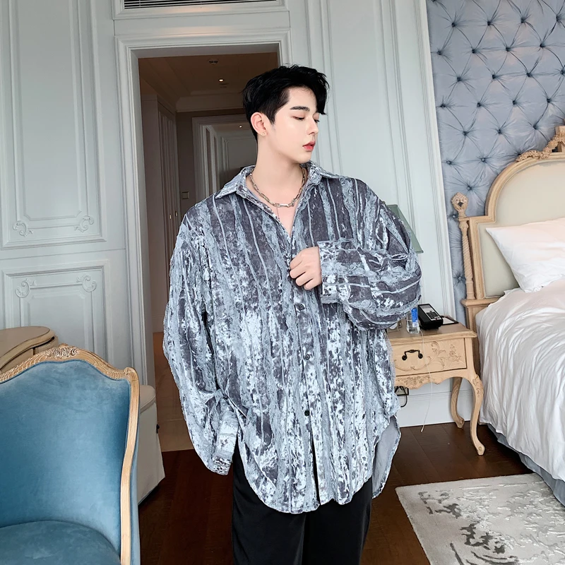 Men Vintage Fashion Black Gray Lace Velvet Striped Loose Long Sleeve Casual Shirt Male Women Streetwear Hip Hop Dress Shirts | Мужская