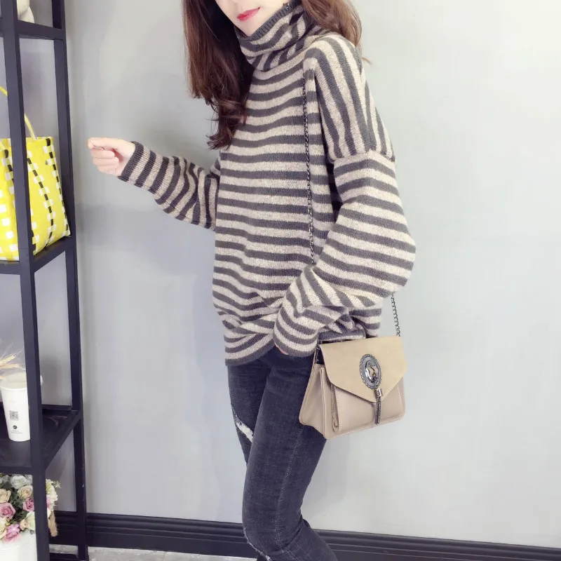 

Fashion pullover Women's 2020 New High Collar Striped Loose Soft And Comfortable Casual Sweater Lazy Wind Sweater Cool A541