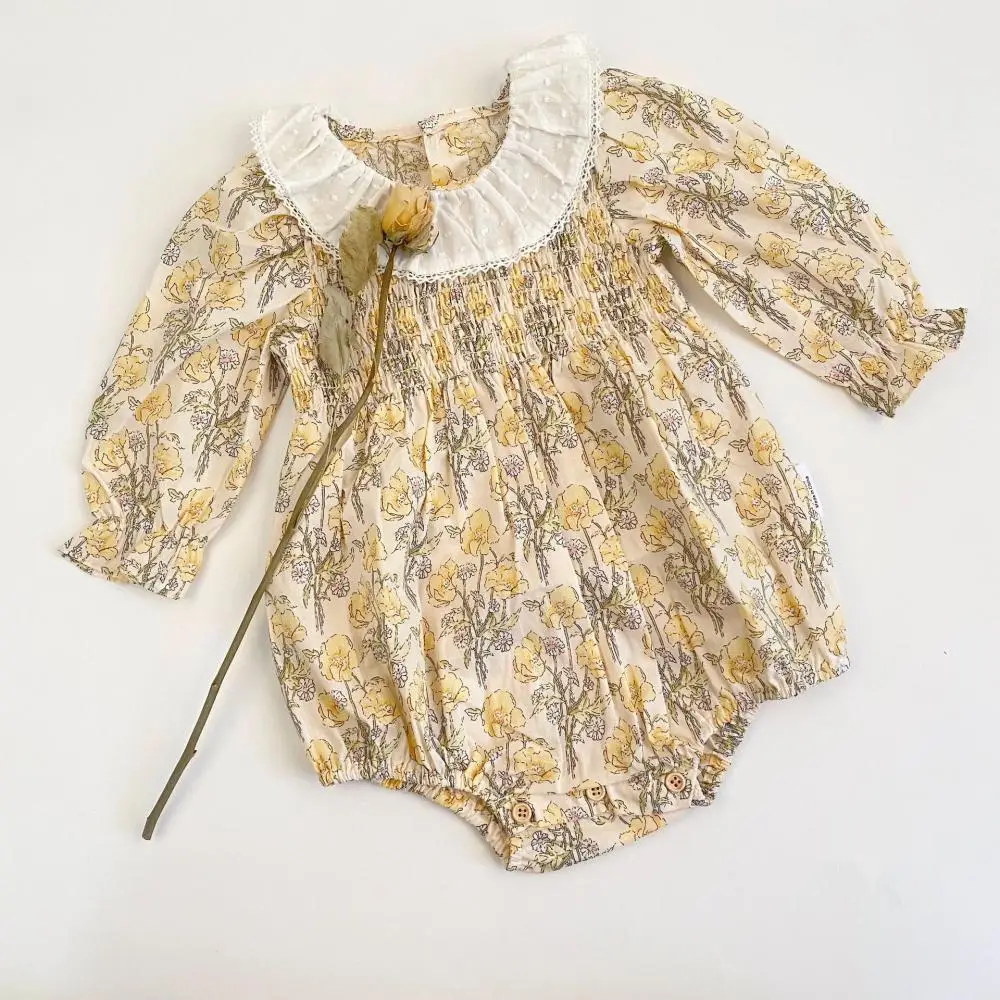 

Newborn Infant Baby Smocked Rompers Baby Girls Long Sleeve Floral Jumpsuit Rompers 2021 New Spring Baby Girls Smocking Bodysuit