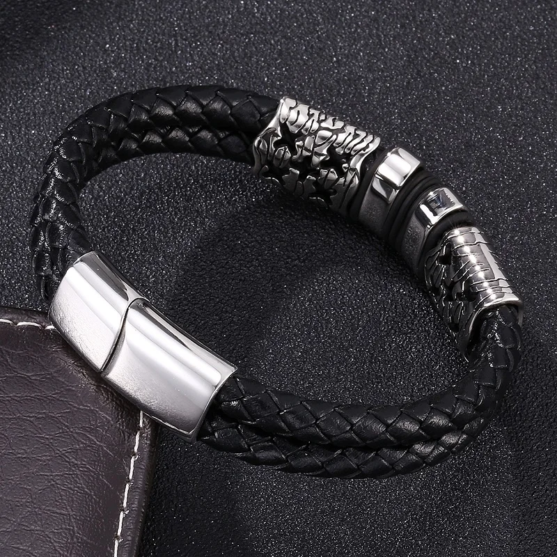 Панк нержавеющая сталь аксессуары черный плетеный кожаный браслет мужские