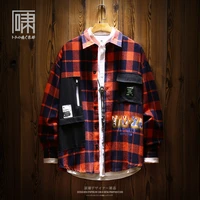 trendy brand national fashion hip hop design stitching long sleeve plaid shirt mens japanese style ruan handsome shirt mens