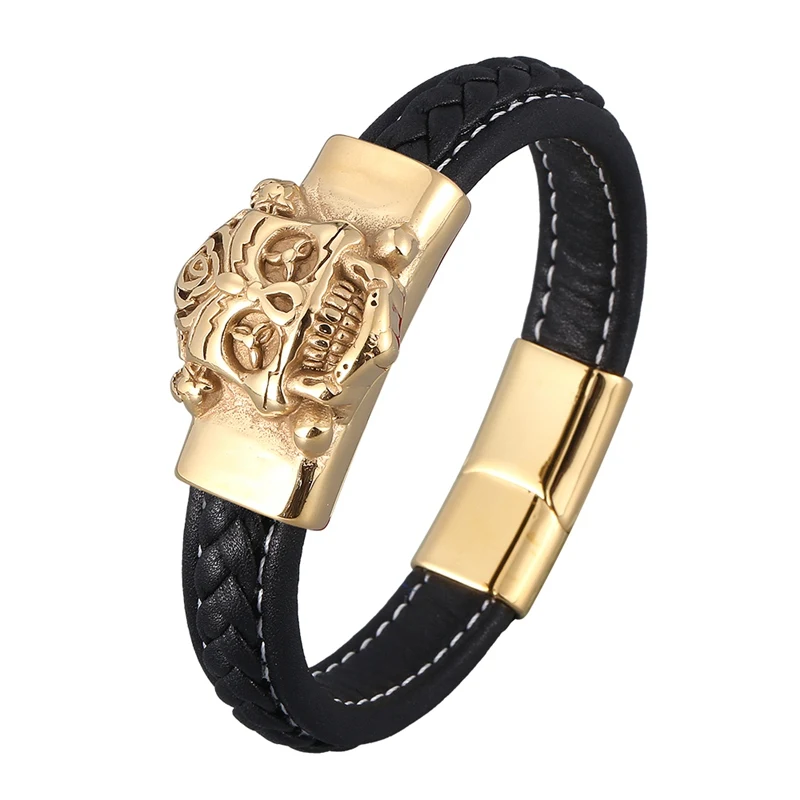 

Trendy Black Braided Leather Hand Bracelet Men Punk Rock Jewelry Gold Stainless Steel Skull Magnet Clasp Bangle Male Gift SP0901