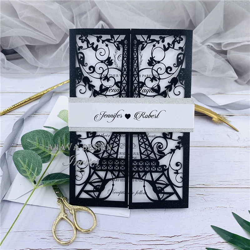 Свадебные приглашения с черной башней Парижа лазерная вырезка Quinceanera сладкий 15