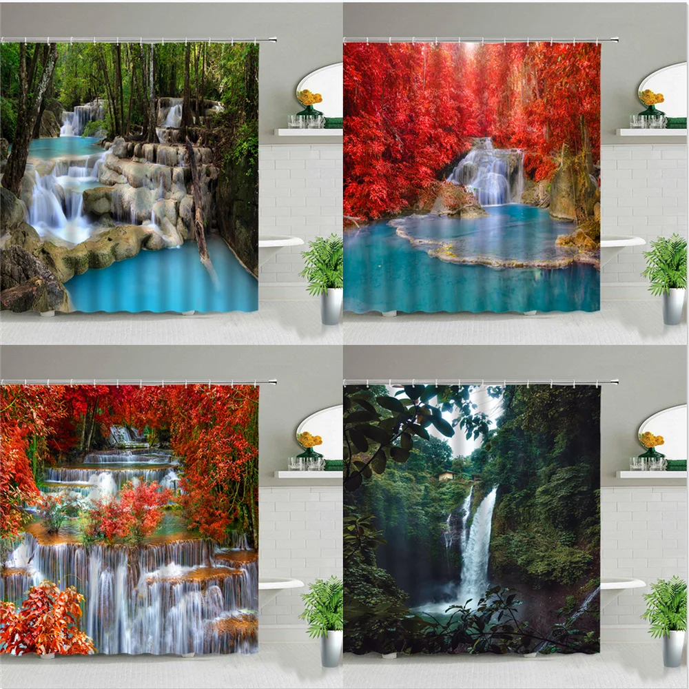 

Waterfall Landscape Shower Curtains Spring Natural Scenery Waterproof Bath Curtain Home Bathroom Decor Polyester Bathtub Decors