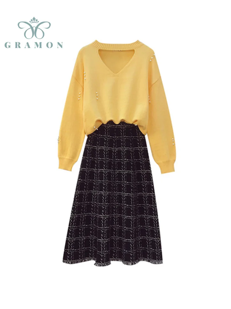 

New Women 2 Piece Sets Oversized Skirts Suits Korean Fashion Knitted Sweater + Plaid Long Skirt Outfits Mujer Autumn Conjuntos