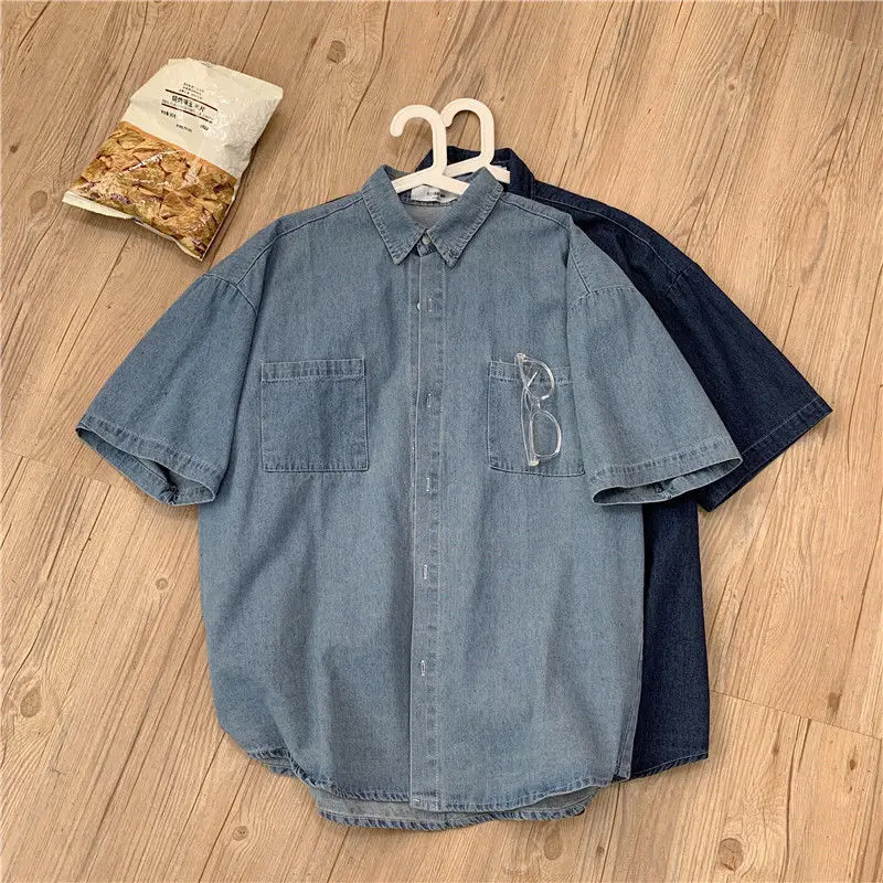 

2020 Summer New Youth Popular Men's Solid Color Loose Single-breasted Short-sleeved Denim Shirt Fashion Casual Top M-2XL