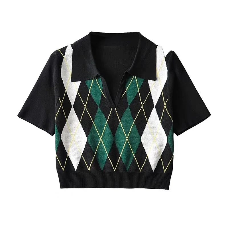 

WOMENGAGA Streetwear Vintage Diamond Lattice Short Sleeve Knitted Sweater Korean Slim Casual Laple Women Top Summer GG3T