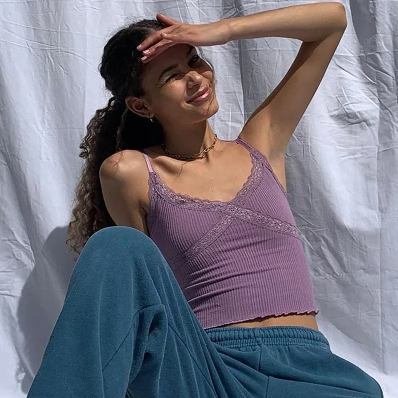 

Lace Patchwork Top Women Summer Sexy Backless V-neck Short Camisole Casual Spaghetti Strap Solid Camis