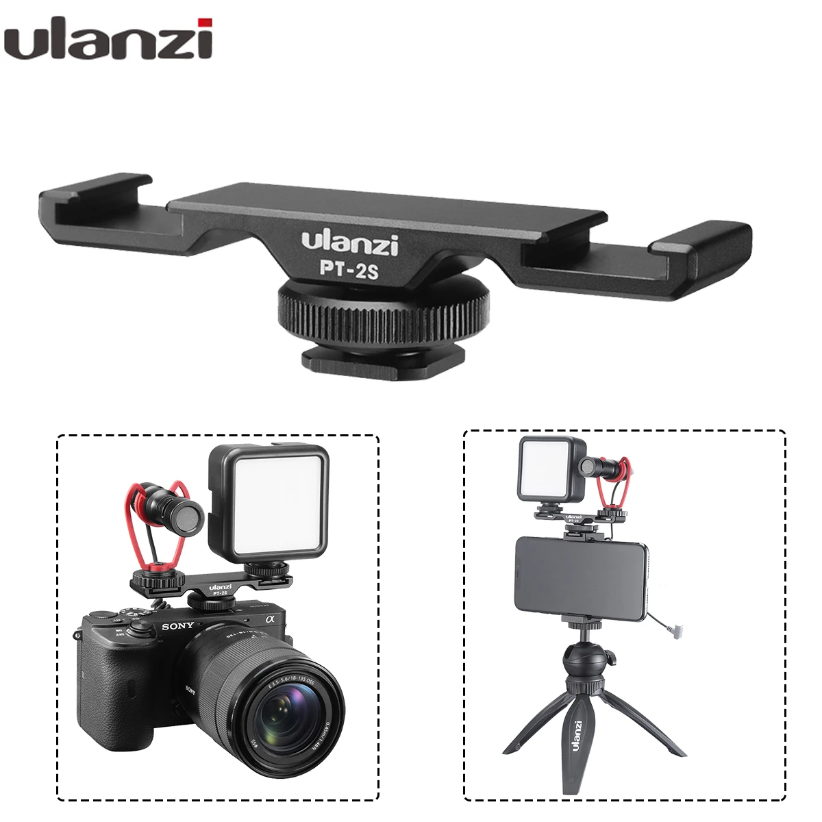 

Ulanzi PT-2S Dual Hot Shoe Mount Adapter Microphone Extension Bar for Boya BY-MM1 ULANZI VL49 LED Video Light Gimbal Accessories