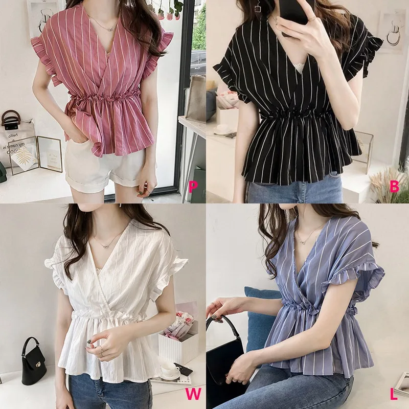 

Fashion Ruffles Blouse Women V-Neck Summer Short Butterfly Sleeve Striped Shirt Casual Tops
