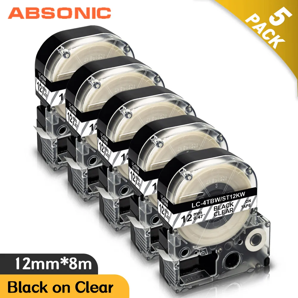 

Absonic 5PK 12mm Label Tape for Epson ST12KW LK-4TBN Black on Clear Labeling Robbon work for EPSON LW-300 LW-400 Label Maker