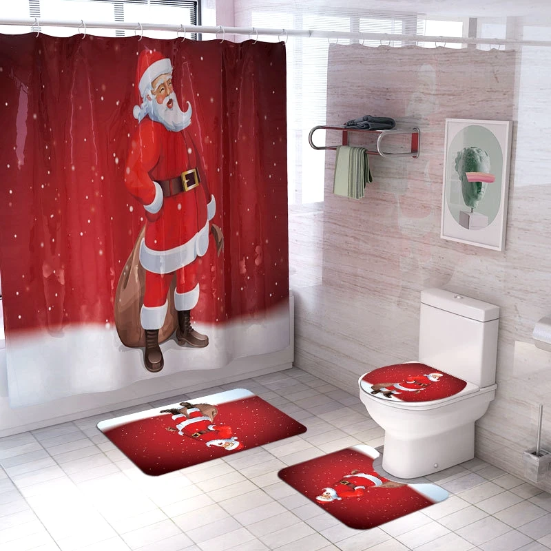 

Christmas Bathroom Decorations Xmas Shower Curtain Foor Mat Toilet Seat Cushion Set Santa Snowman Merry Christmas Decor For Home