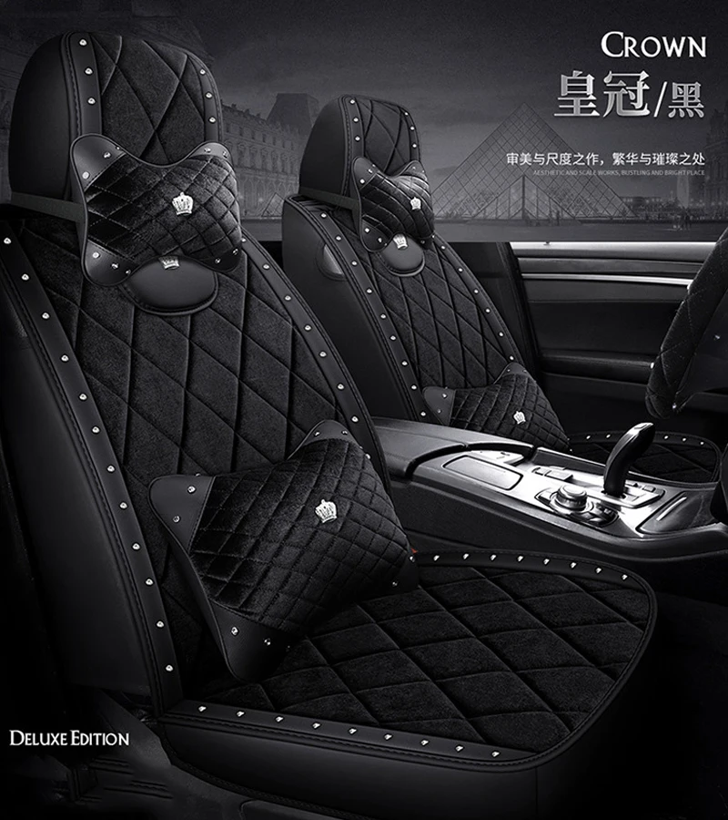 

2021 Winter season Velvet warm car seat cover Hot drilling Crown graphics Leather surround short plush cloth Universal covers