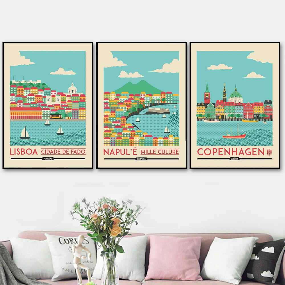 Постер в скандинавском ретро стиле для путешествий, Дания, Копенгаген, Португалия, Лиссабон, Неаполь, холст, Фотофон для гостиной, домашний декор Постер в скандинавском ретро стиле для путешествий, Дания, Копенгаген, Португалия, Лиссабон, Неаполь, холст, Фотофон для гостиной, домашний декор