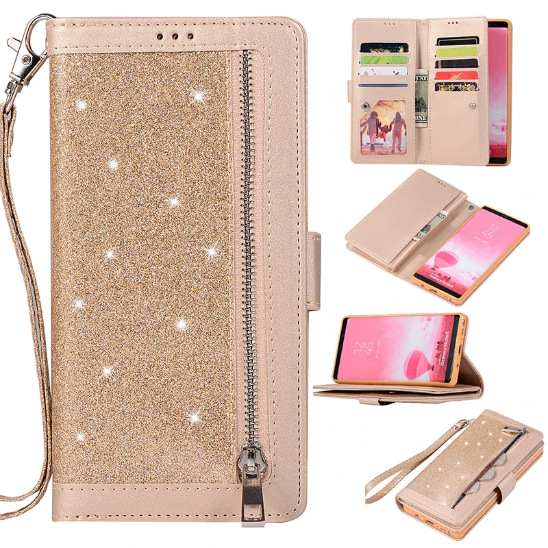 Блестящий кожаный чехол на молнии для телефона Samsung Note 10 Plus S8 S9 S10 откидной Чехол